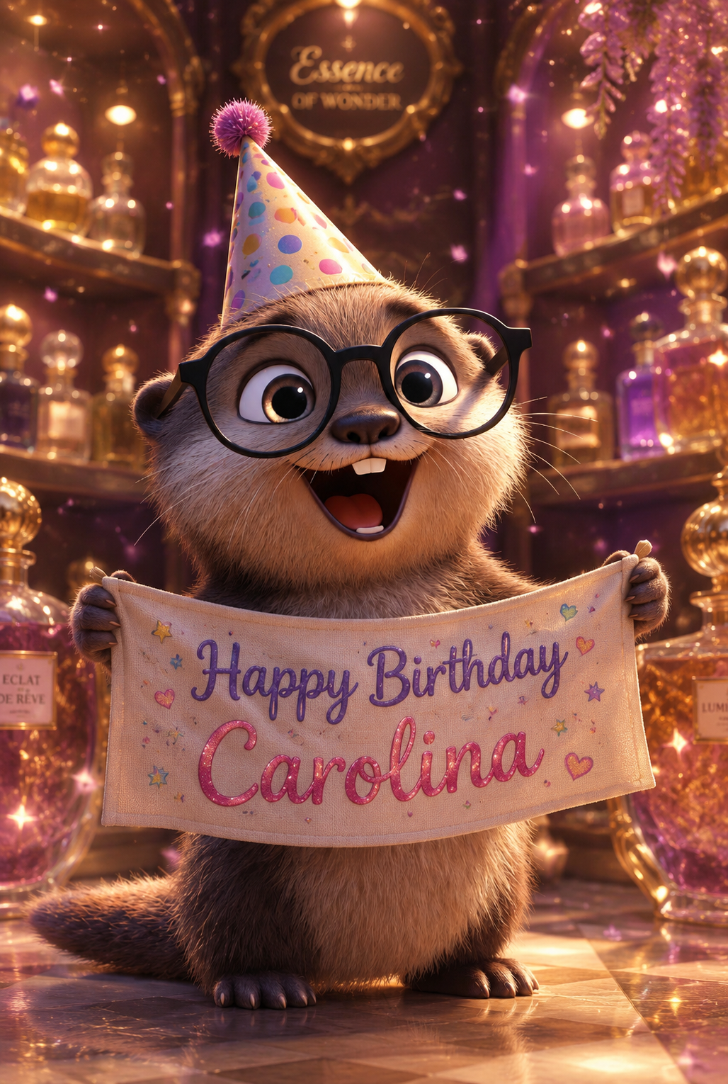 A birthday illustration for Carolina in a glowing perfume workshop