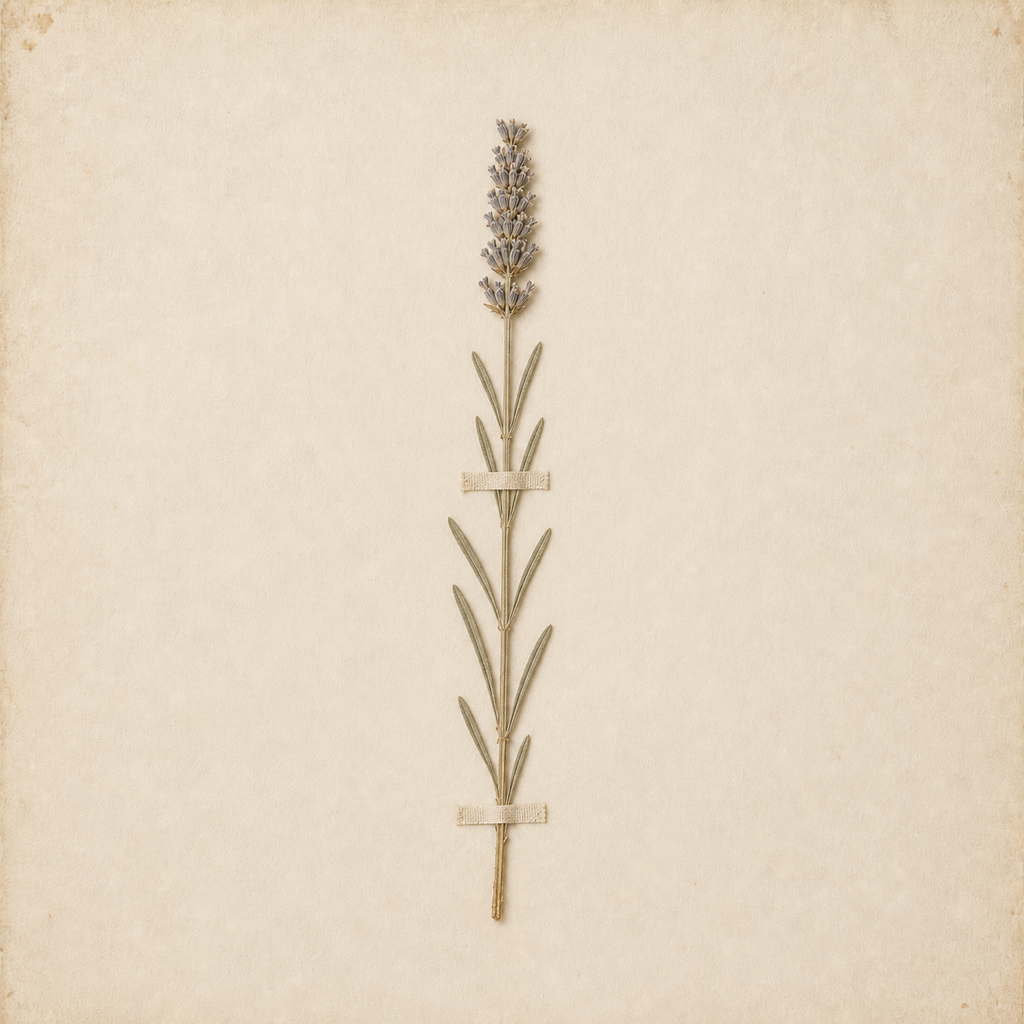 A pressed lavender sprig.