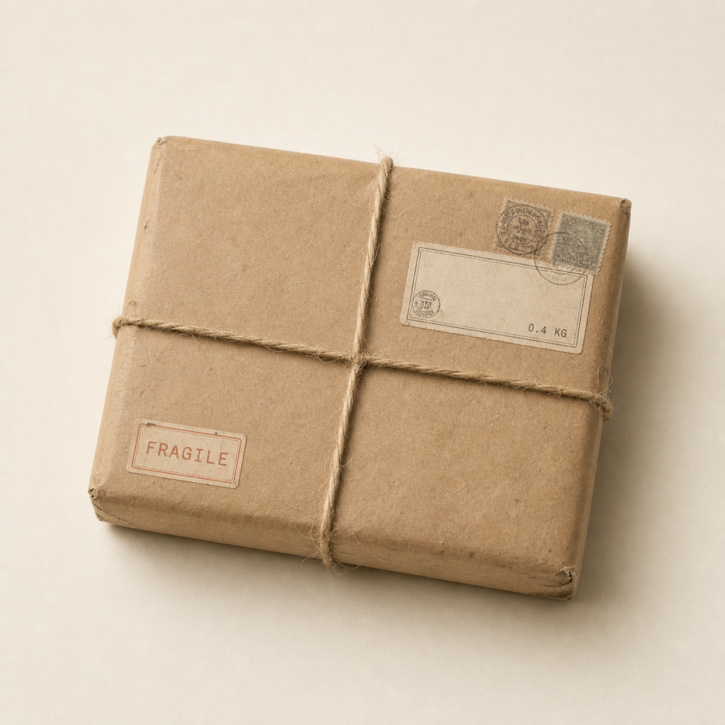 A small brown-paper parcel tied with twine, addressed and ready to travel.