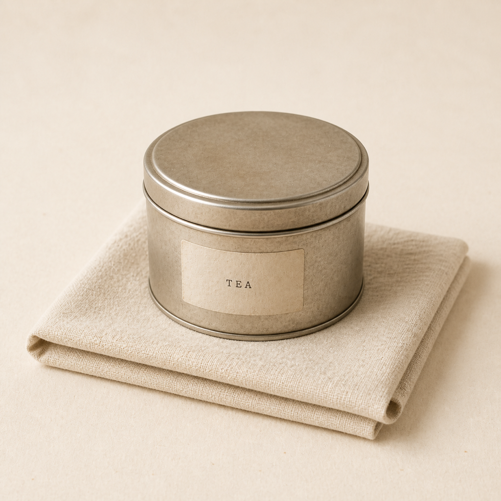 A small round tin of tea on a folded cream napkin.
