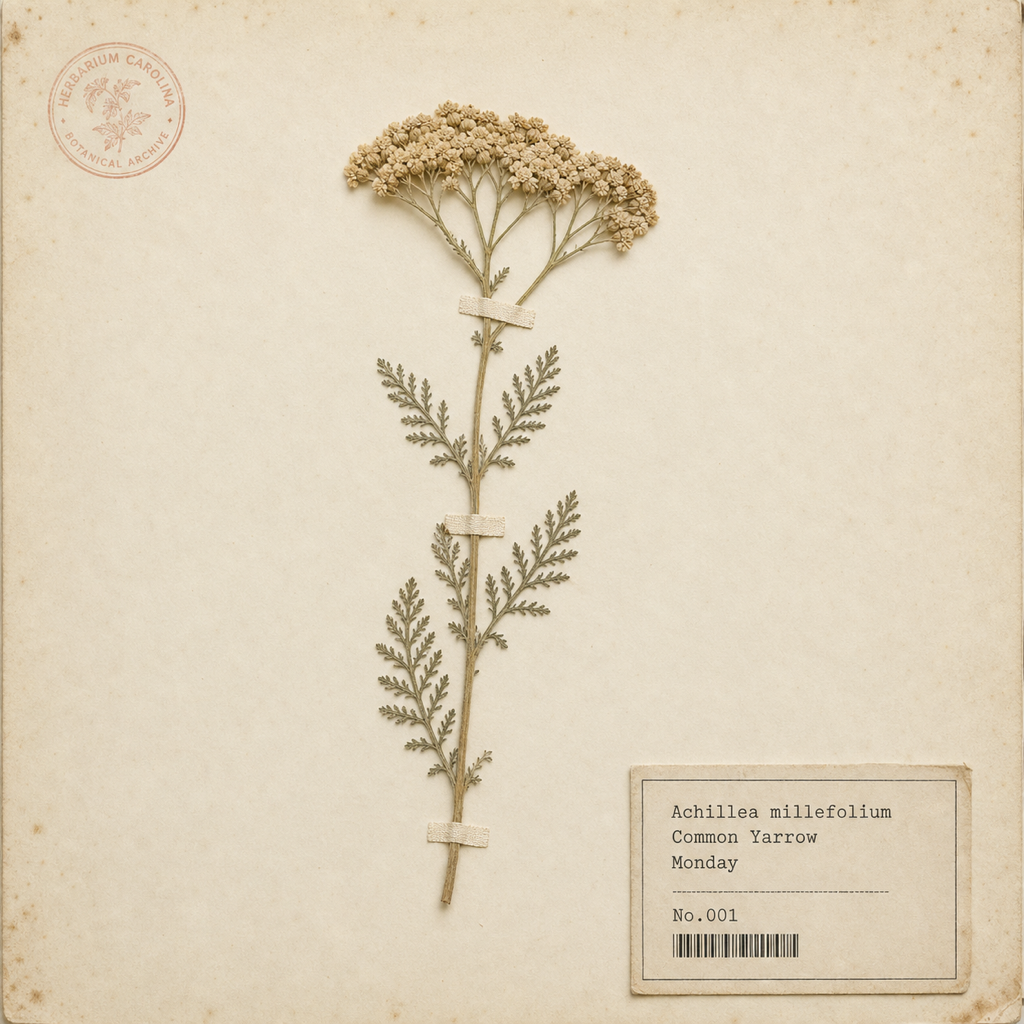 Pressed yarrow specimen, Achillea millefolium, labelled Monday.