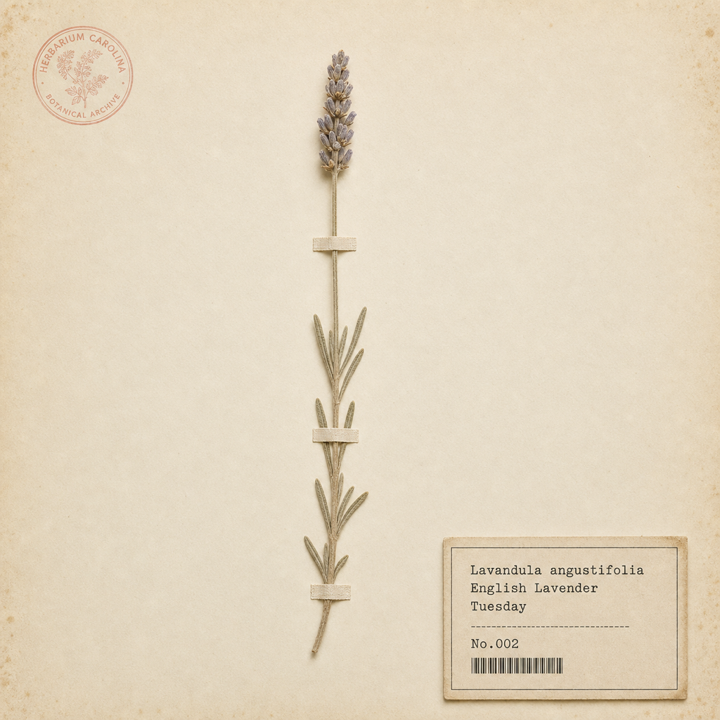 Pressed lavender specimen, Lavandula angustifolia, labelled Tuesday.