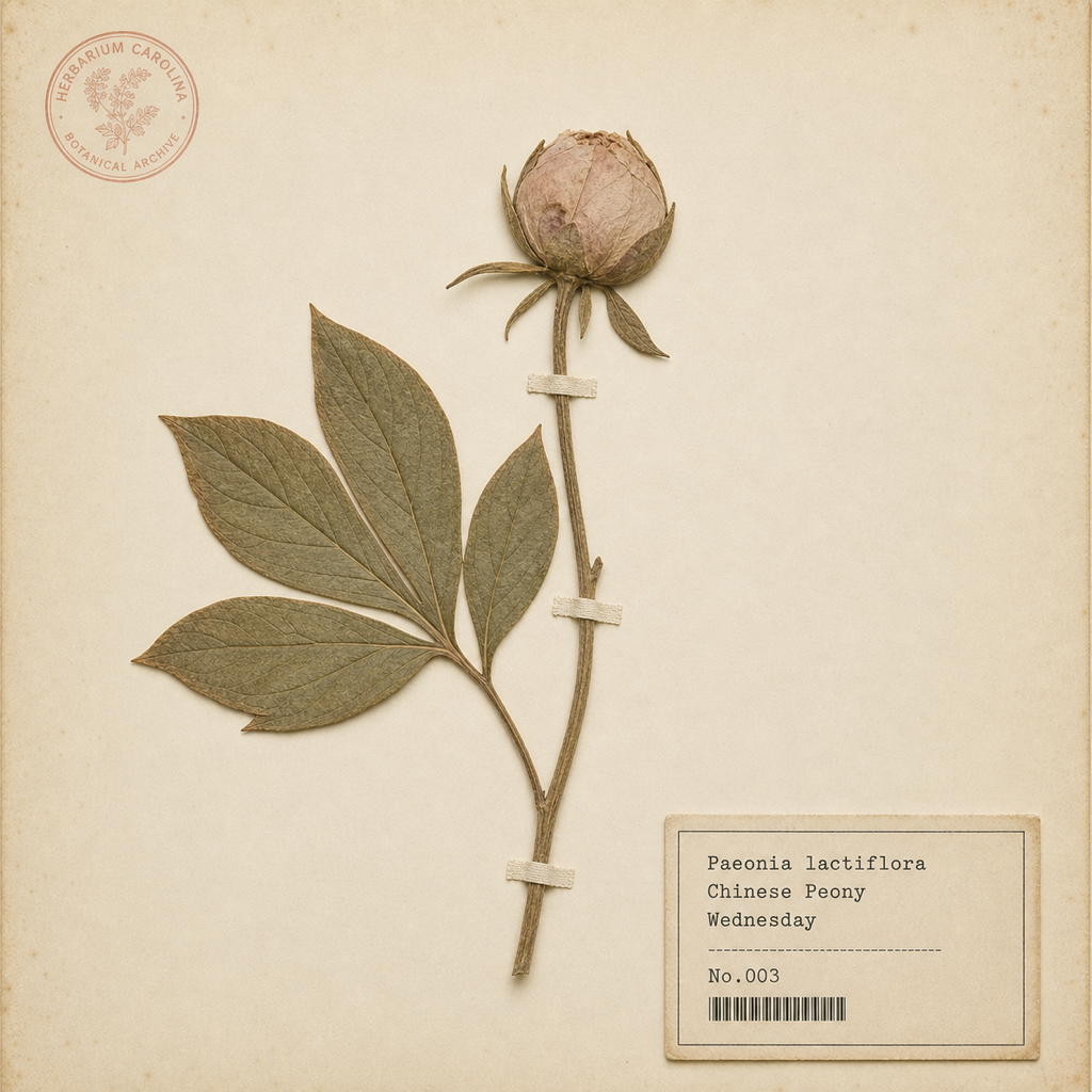 Pressed peony bud specimen, Paeonia lactiflora, labelled Wednesday.