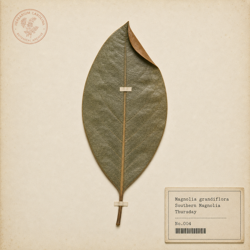 Pressed magnolia leaf specimen, Magnolia grandiflora, labelled Thursday.
