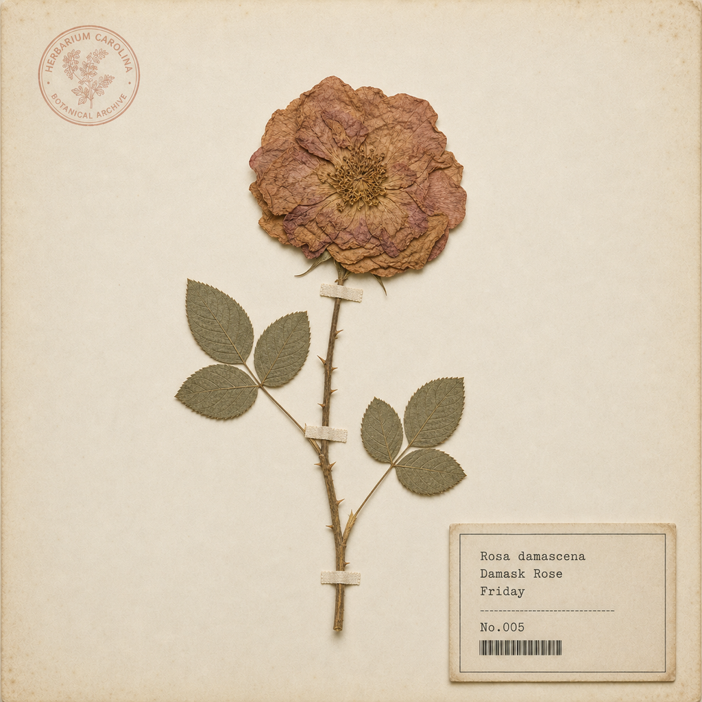Pressed damask rose specimen, Rosa damascena, labelled Friday.