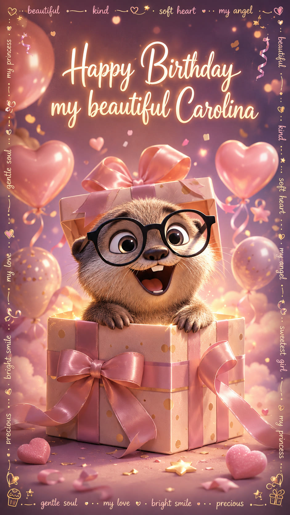 Birthday keepsake card for Carolina with pink balloons and a ribboned gift box