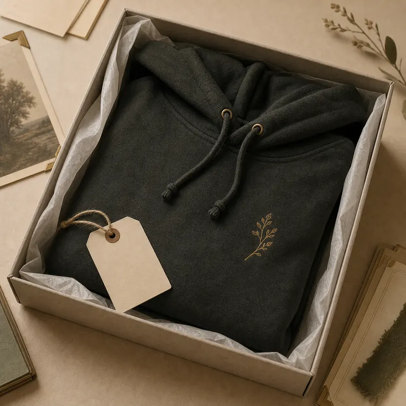 A dark folded hoodie preserved in tissue inside an archival box.