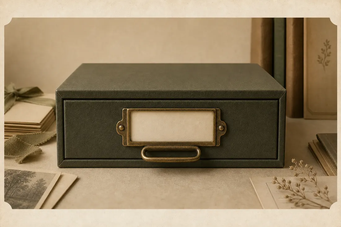 A closed olive archive drawer with a blank brass label holder.