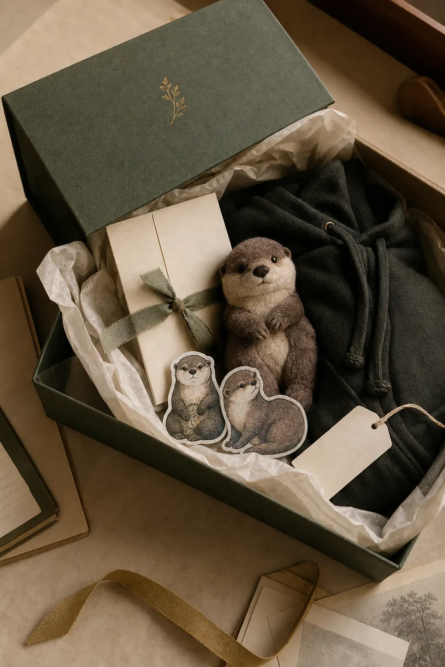 An opened keepsake box with an otter plush, hand-coloured otter stickers, folded hoodie fabric, tissue paper, and a tied letter.