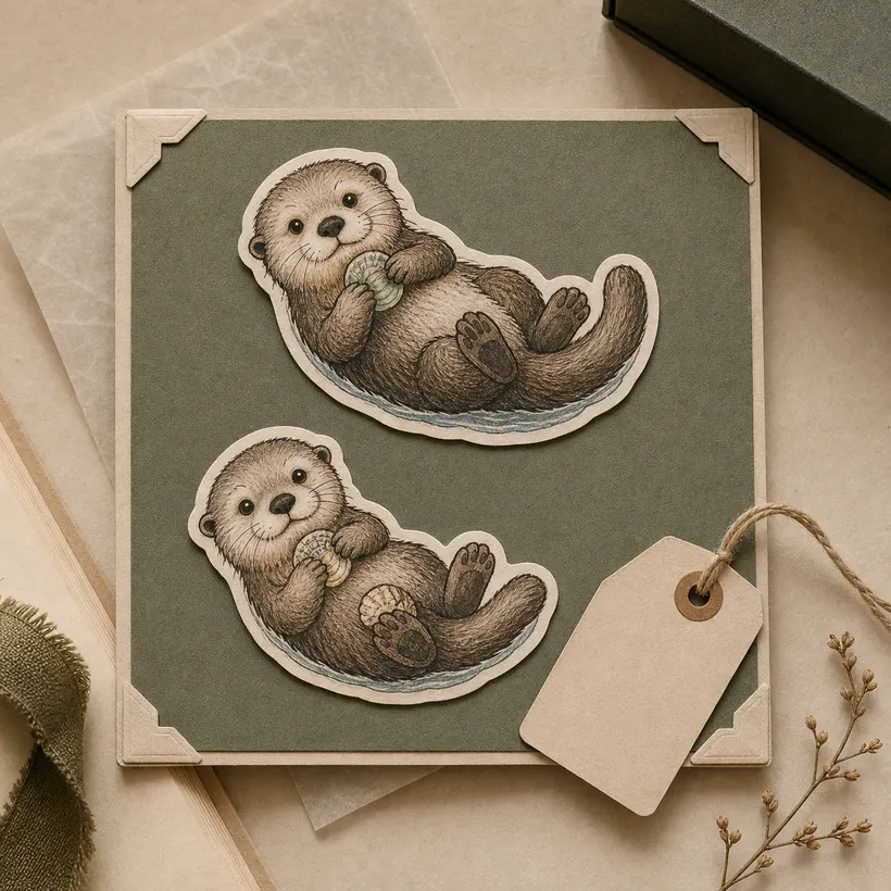 Two hand-coloured otter stickers mounted on sage archival card.