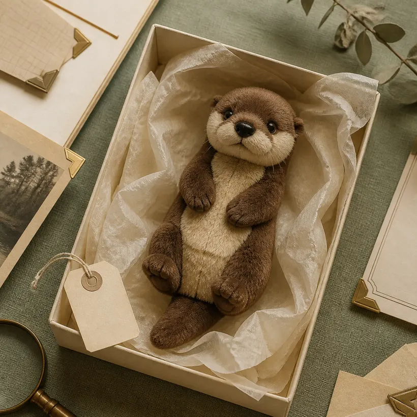 A plush otter resting in archival tissue inside a shallow box.