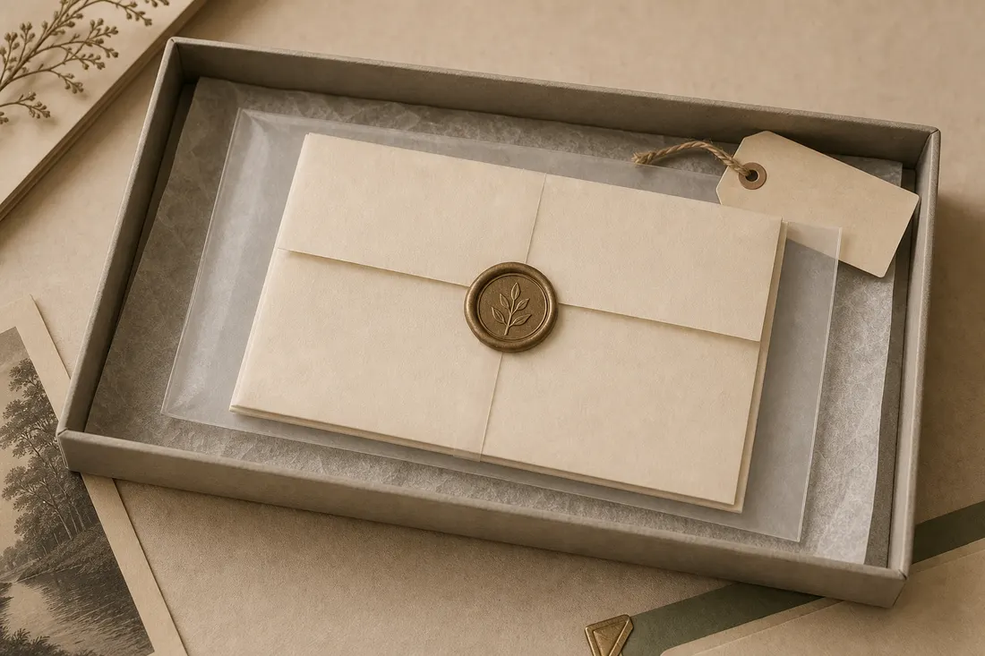 A sealed cream letter resting in a translucent archival sleeve inside a shallow tray.